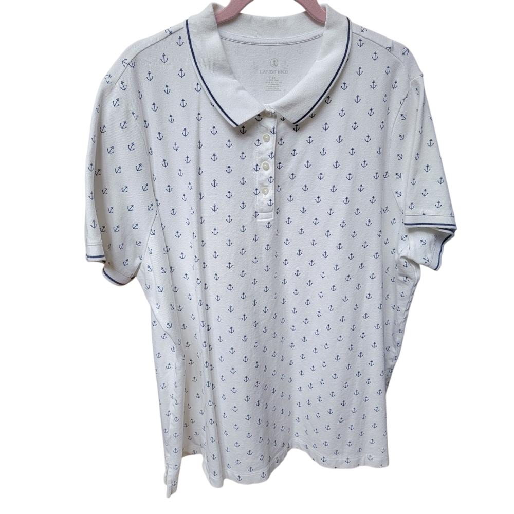 Lands' End White Polo with Blue Anchor Pattern Womens 3X